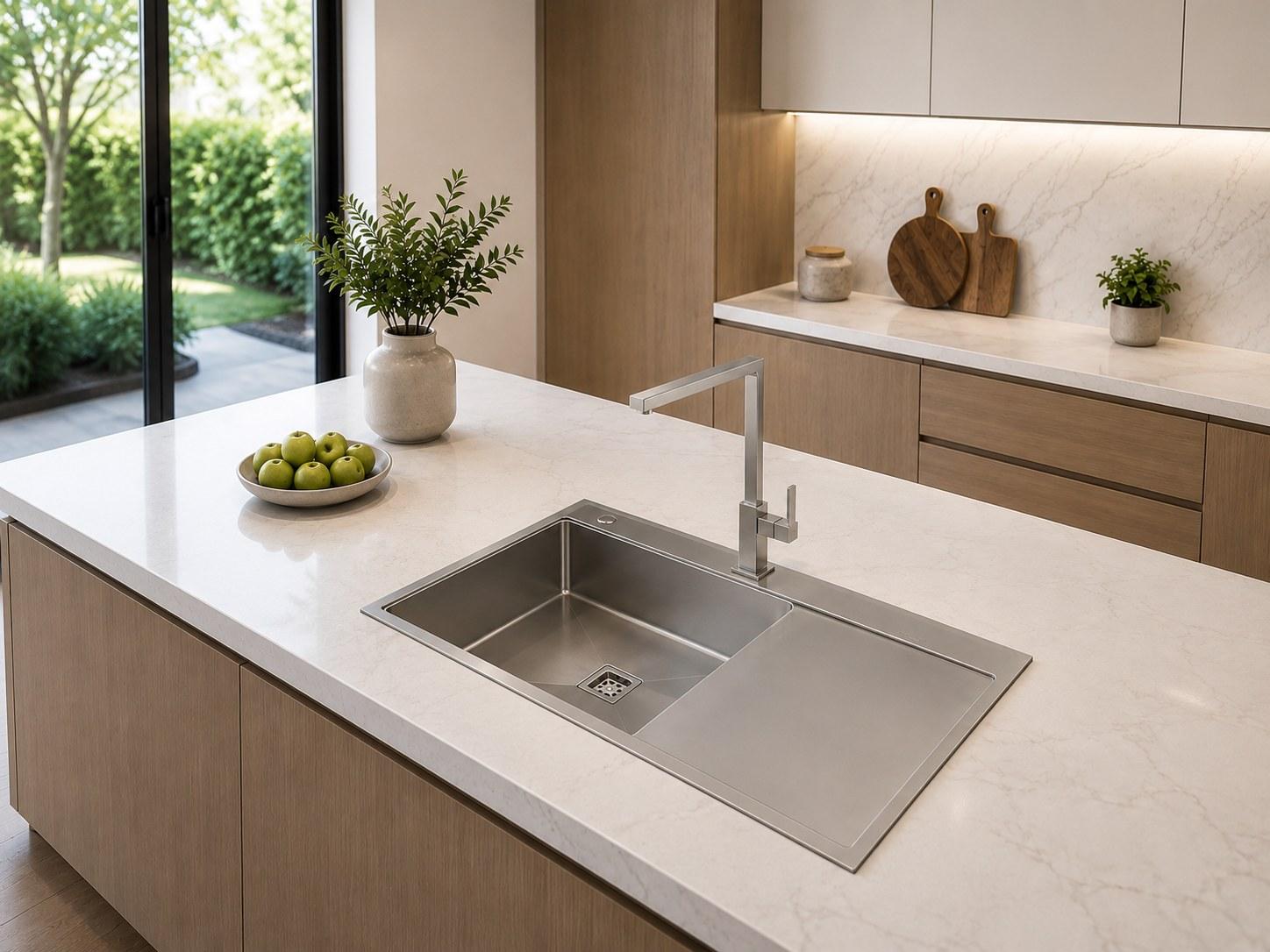 Warm premium showroom kitchen with stone counter, sink and faucet display