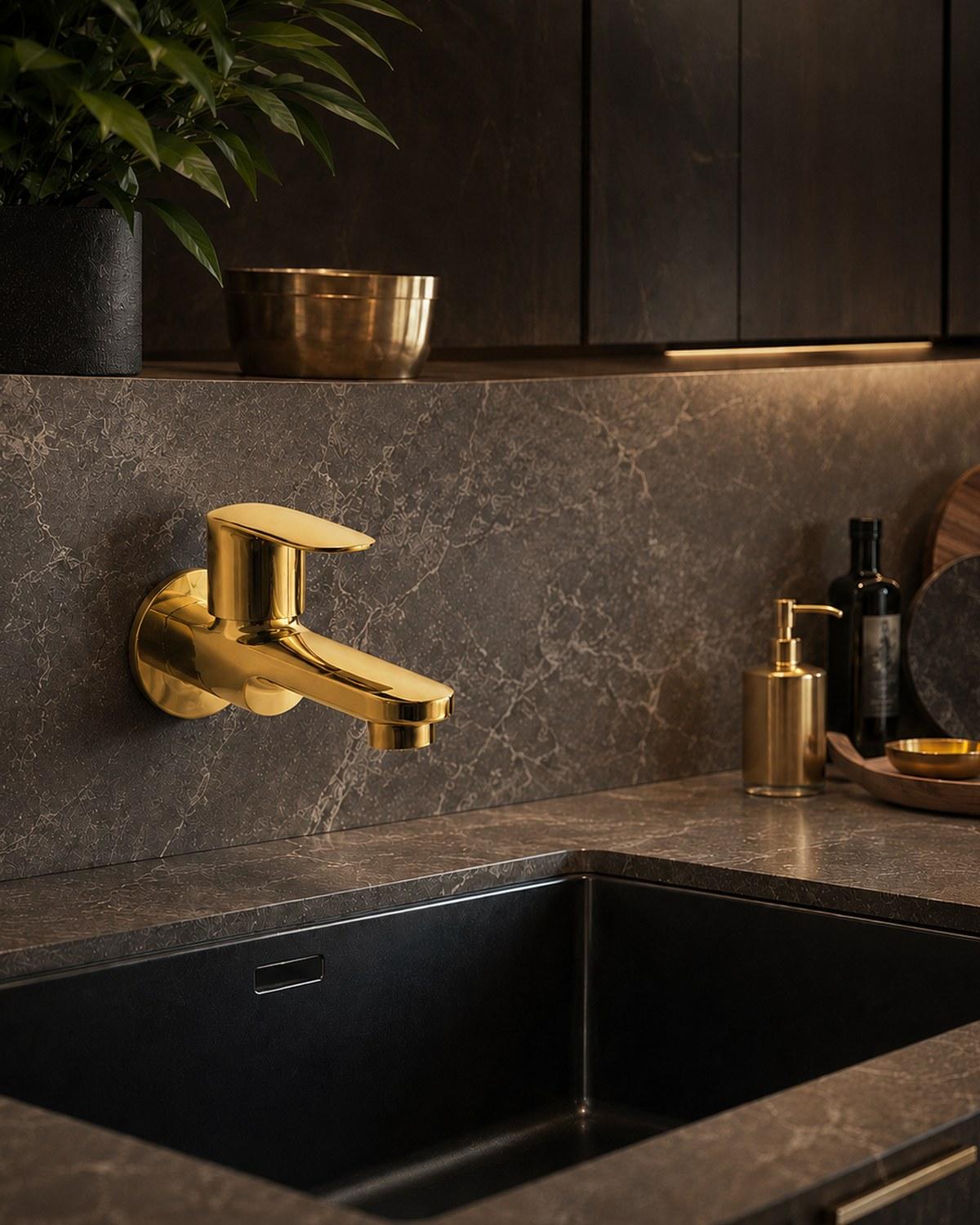 Gold wall-mounted faucet over a dark stone sink and counter